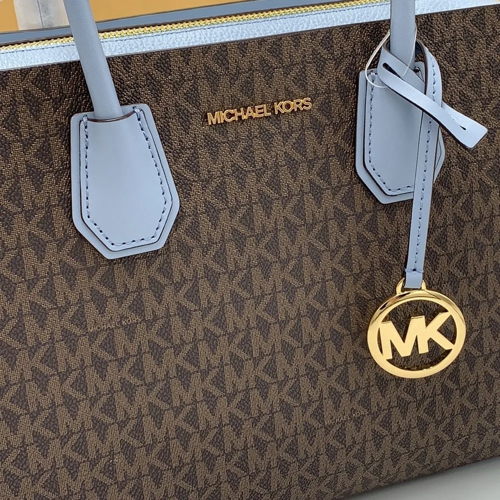 MICHAEL KORS MERCER MEDIUM TOP ZIP BELTED SATCHEL BROWN/ PALE BLUE SIGNATURE - Picture 2 of 16